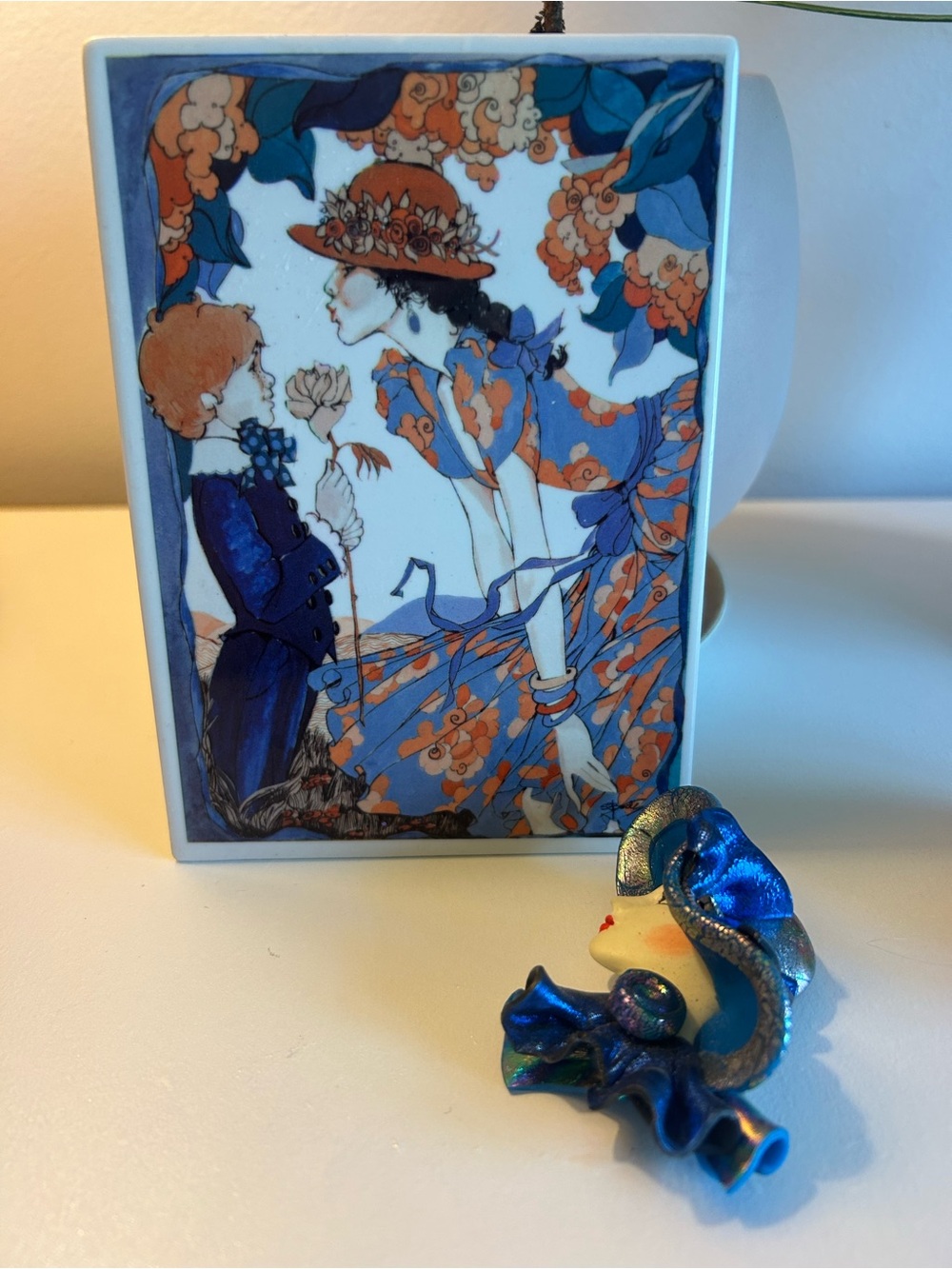 Blue and Orange Decorative Art Tile with Brooch